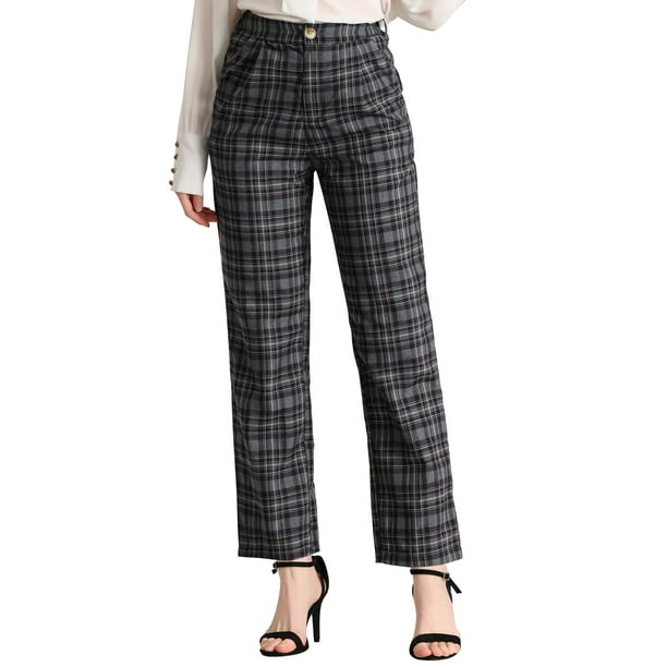 Pantalones a cuadros casuales para mujer, bolsillos, pierna recta, trabajo, oficina, pantalones Gris Oscuro Negro S