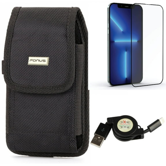 USB Cable & Case Belt Clip & Screen Protector for iPhone 13 Pro Max ONLY - Retractable Charger Power   Swivel Holster Rugged   Anti-Glare Tempered Glass Matte Combo