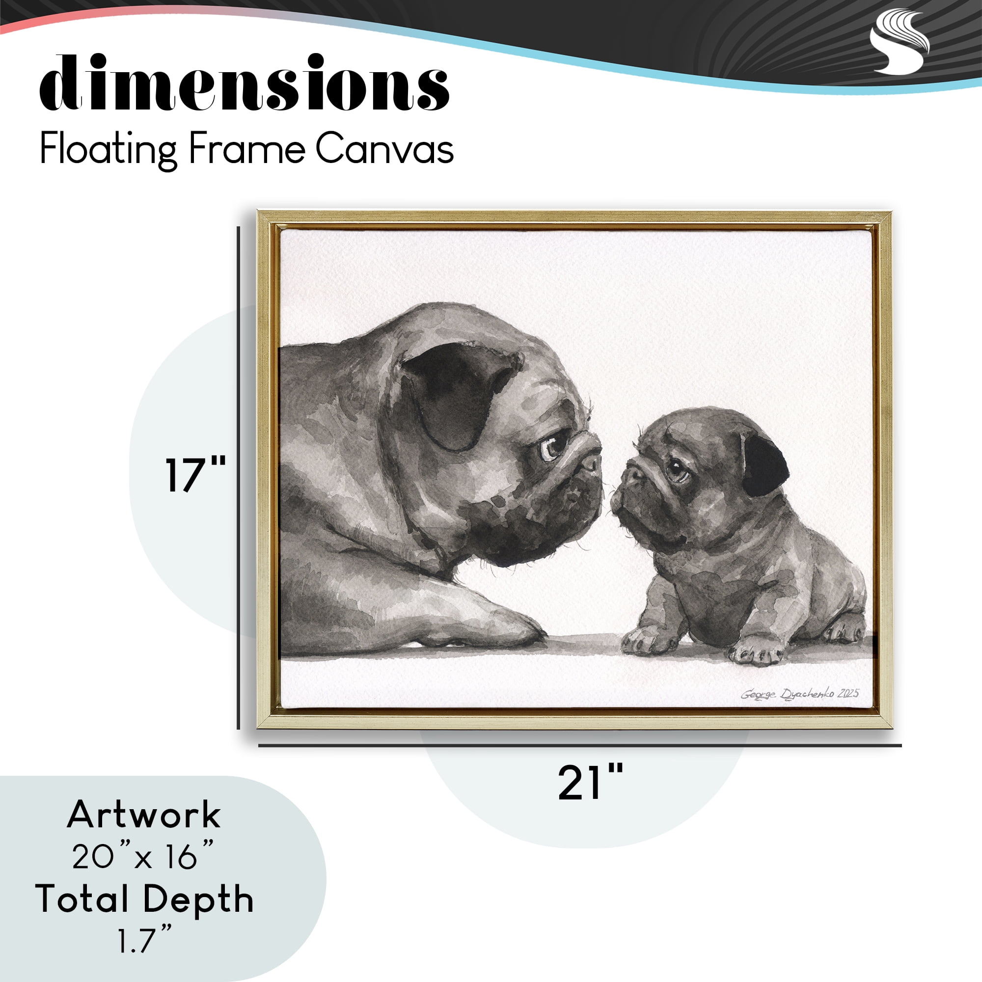 Stupell Industries Pug And Her Puppy Gold Framed Floater Canvas Wall Art, design by George Dyachenko