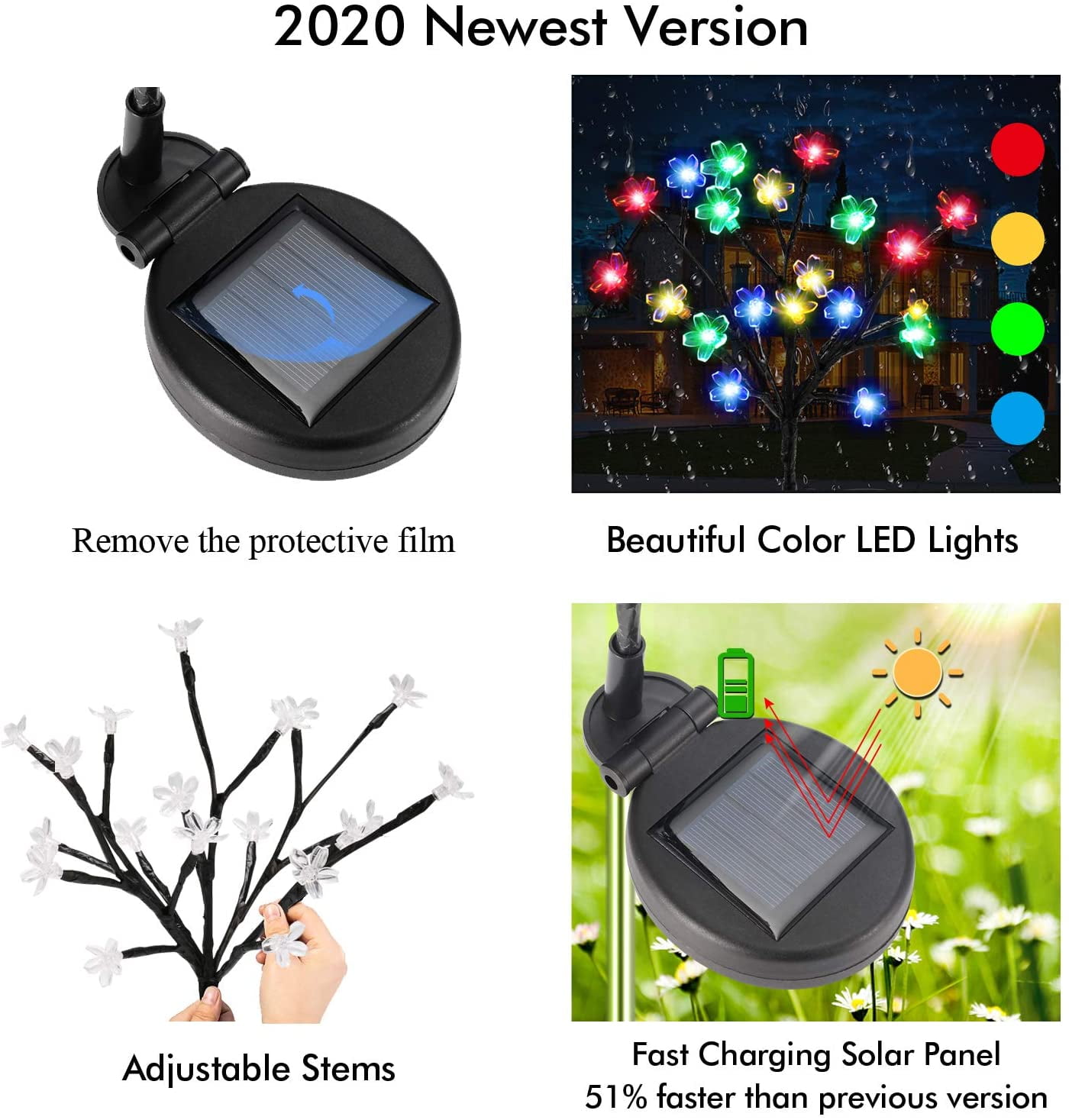 2Pack Beautiful 20 LED Fairy Flower Lights, Solar Lights Outdoor Decorative Solar Garden Lights, Solar Powered Outdoor Lights Multi-Color Yard Lights for Walkway Patio Yard Garden Lawn