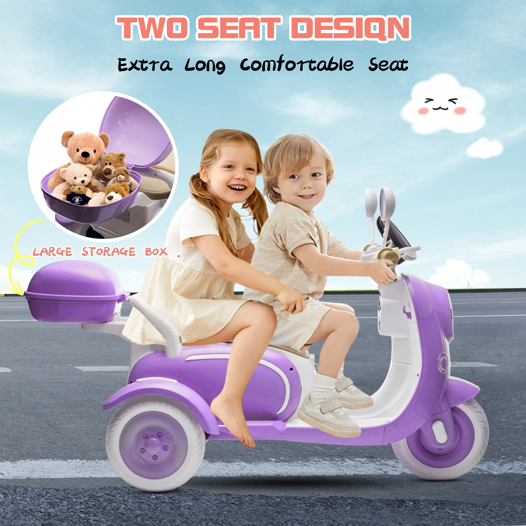 Dvsripa 12V Kids Electric Motorcycle,2 Seater Ride on 3 Wheel Scooter with 2.4G Parental Remote Control,USB,Music,Horn,Light,Big Storage Box,Dual Motor Electric Moped for Kids 3+,Purple