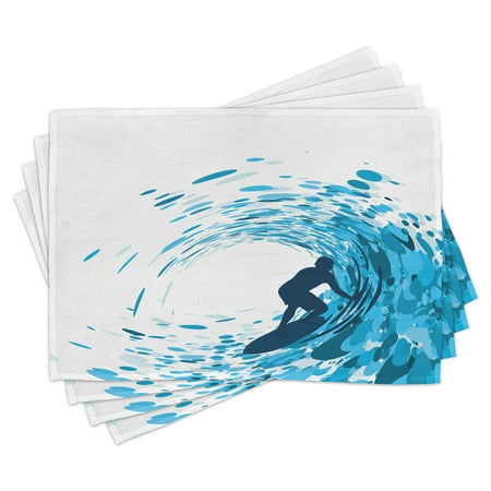 

Ride The Wave Placemats Set of 4 Silhouette of a Surfer under Giant Ocean Waves Athlete Hobby Lifestyle Image Washable Fabric Place Mats for Dining Room Kitchen Table Decor Night Blue by Ambesonne