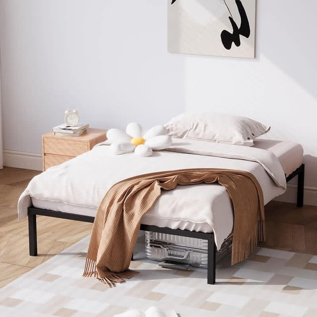 14-pulgada tamaño completo-size negra metal marco de cama con almacenamiento space high bearing capacity heavy-duty sturdy mattress foundation easy to assemble no box spring required