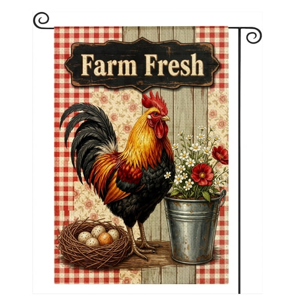 SPXUBZ Farm Fresh Garden Flag 12x18 Inch, Rooster Chicken Linen Yard Flag with Rustic Farmhouse Design, Outdoor Decorative Flag for Garden Lawn Porch Decoration