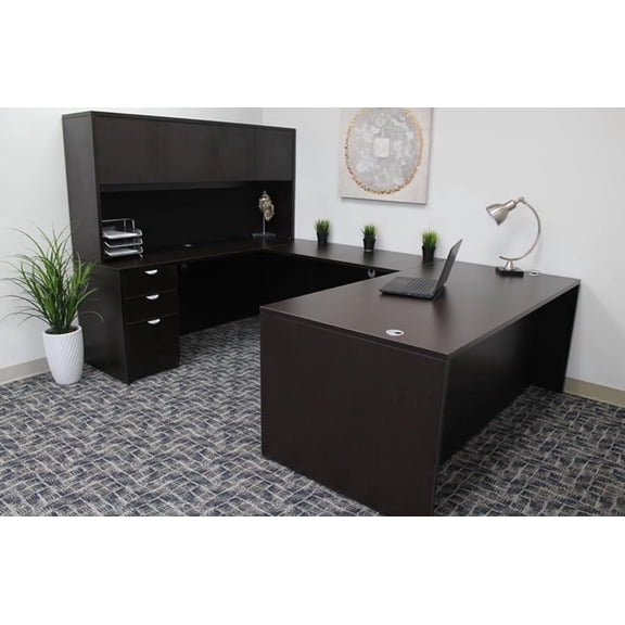Pemberley Row Engineered Wood Mocha U-Shape Desk Credenza with Hutch Scratch Resistant 96" Unassembled