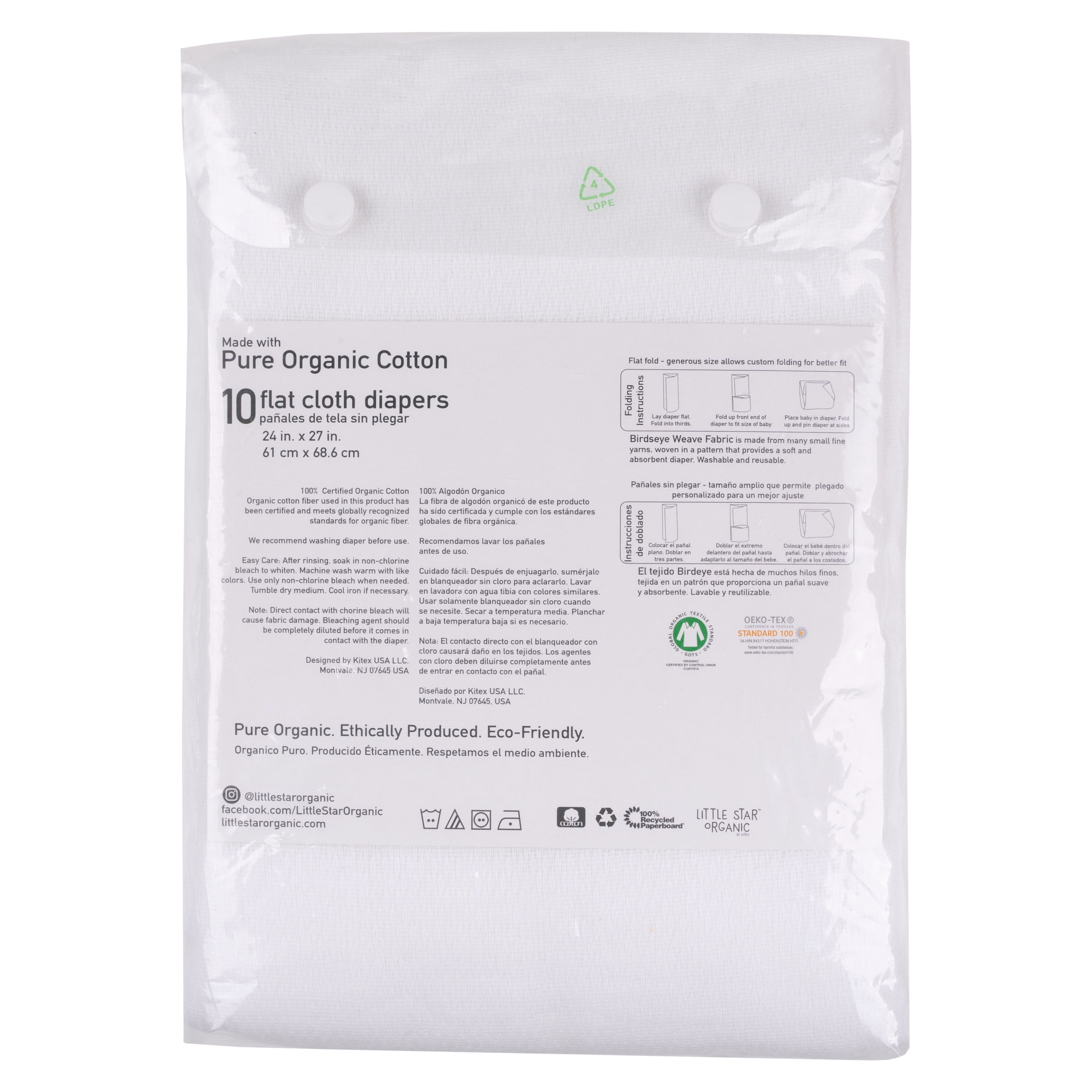 Little Star Organic 100% Pure Organic Cotton Flat Fold Birdseye Reusable Diapers (One Size), 10 Pk, White-White