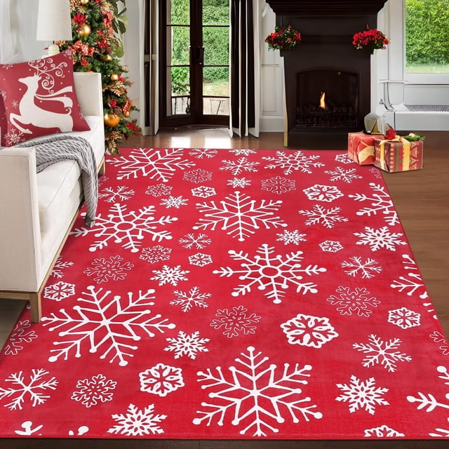 Hasoo Christmas Indoor Home Decor Area Rug Washable 5' x 7' Modern Rug for Living Room Dining Room, Red
