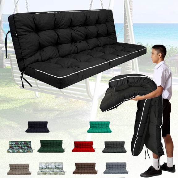 Outdoor Patio Swing Cushion with Back Support, Thickened Waterproof Bench Seat Cushion for Garden Furniture, 63x40 Inches, High-Density PP Cotton Fill, Black