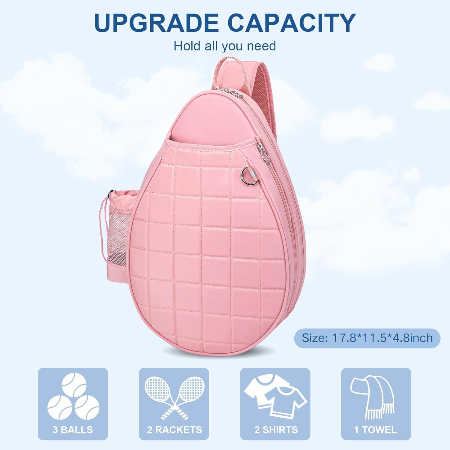 Quilted Tennis Backpack for 2 Rackets, Slim & Lightweight Waterproof Sling Bag for Tennis, Pickleball, Padel, Crossbody Sport Bag for Men & Women