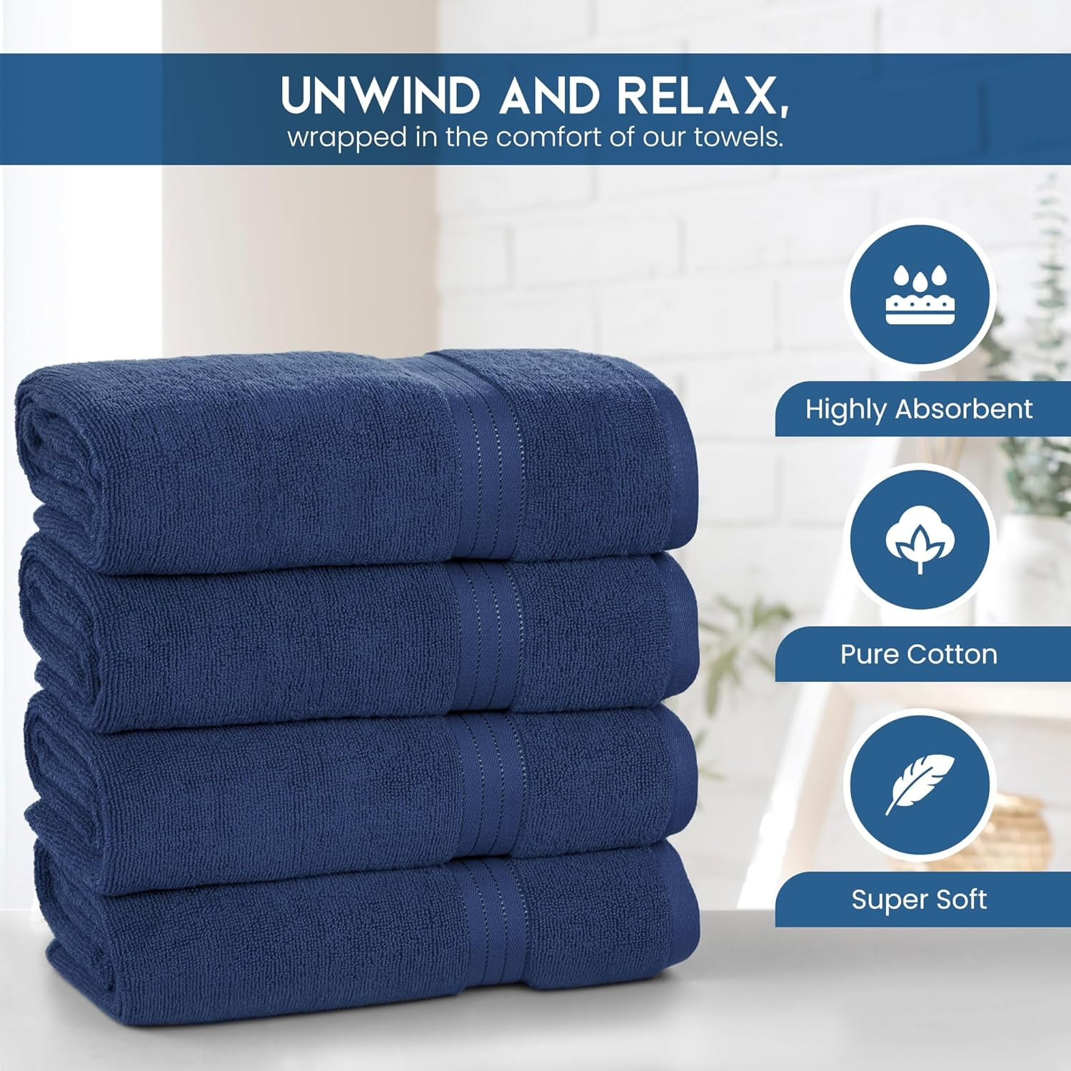 Bliss Casa Bath Towel Set 27 x 54 Inch (4 Pack) - 600 GSM 100% Combed Cotton Quick Drying Highly Absorbent Thick Bathroom Towels - Soft Hotel Quality for Bath and Spa