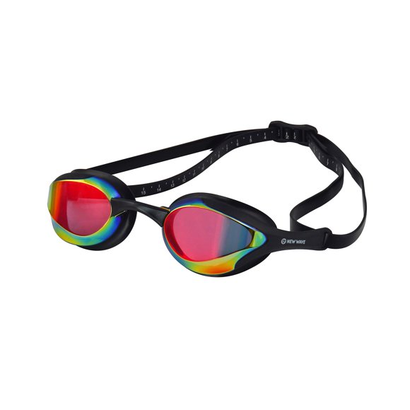 New Wave Swim Goggles with Protective Storage Case - Anti Fog Lenses, Four Nose Bridges for Triathlon & Open Water Swimming (Bonfire Revo Lens Black Frame)