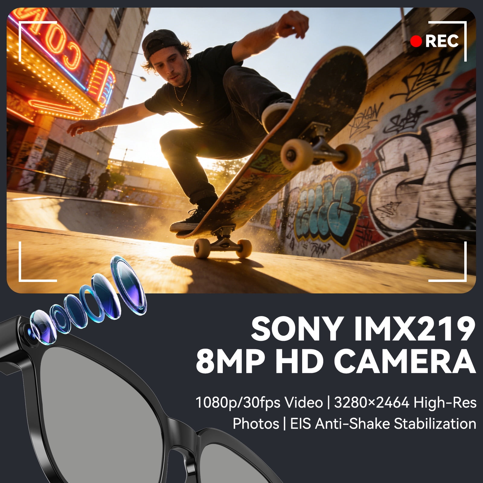 AI Smart Glasses with Camera,8MP Camera Glasses,1080P Anti-Shake Video Recording, Real Time Translation,AI Voice Assistant,Object Recognition,Bluetooth Sunglasses for Men，Women