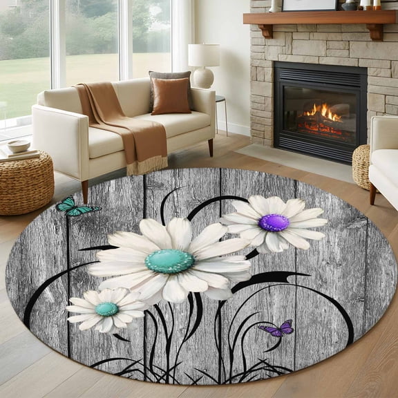 Vintage Daisy Round Rug 5ft Washable Circle Kitchen Rugs Non Slip Gray Farmhouse Botanical Floral Butterfly Large Area Rug Indoor Floor Carpet for Bedroom Living Room Home Office Dining Room Nursery