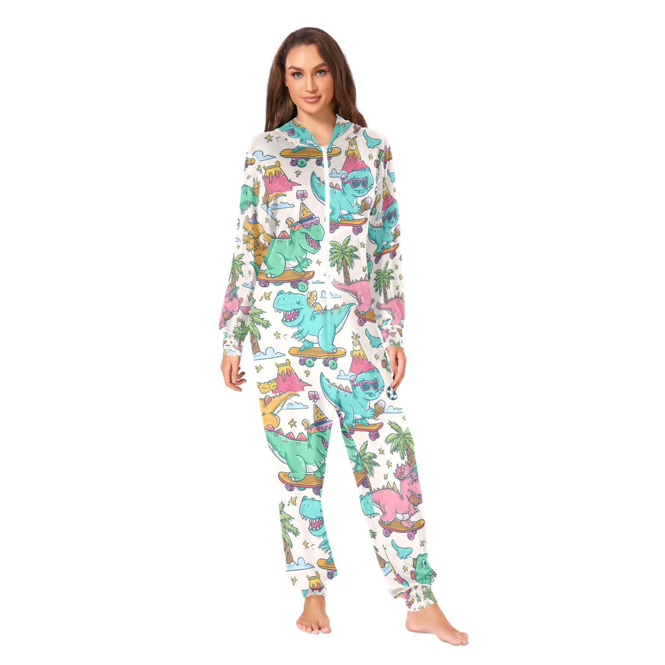 Adult Christmas Onesie Dinosaur Volcano Adult Zipper One-Piece Pajamas Unisex Pajamas with Pockets