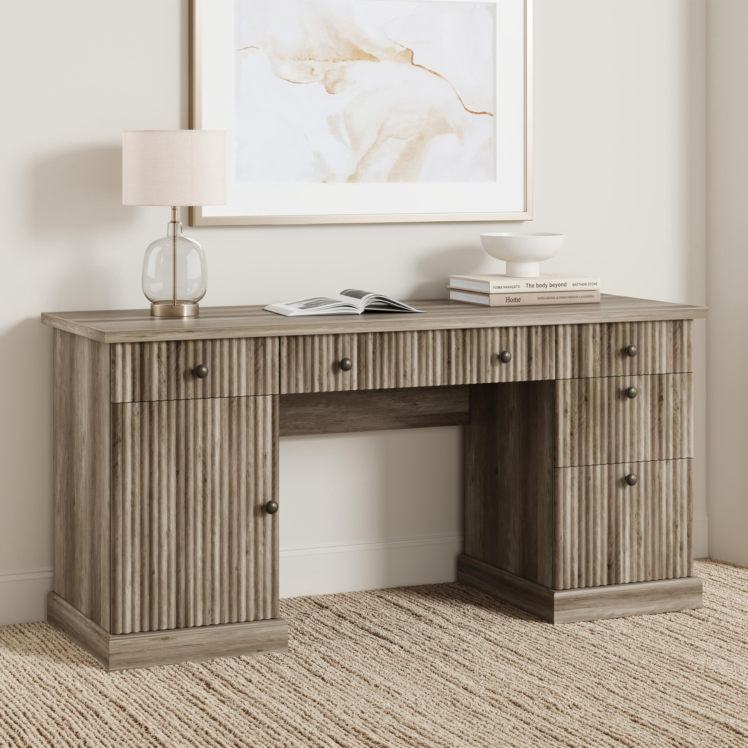 Garvee 60" Fluted Executive Desk with Charging Station & File Storage – Modern Wooden Computer Desk for Home Office, Study, Living Room or Bedroom-Gray