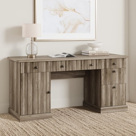 Office Desk 60" with Charging Station – Modern Executive Computer Desk, File Cabinet & Drawers, Grey 60.0”L x 21.6 "D x 30.0" H)