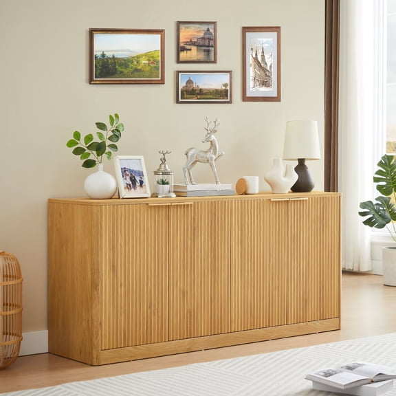 UZUGUL Wood Sideboard Cabinet Farmhouse Fluted 4 Doors with Adjustable Shelves 1-Pack 59 Inch