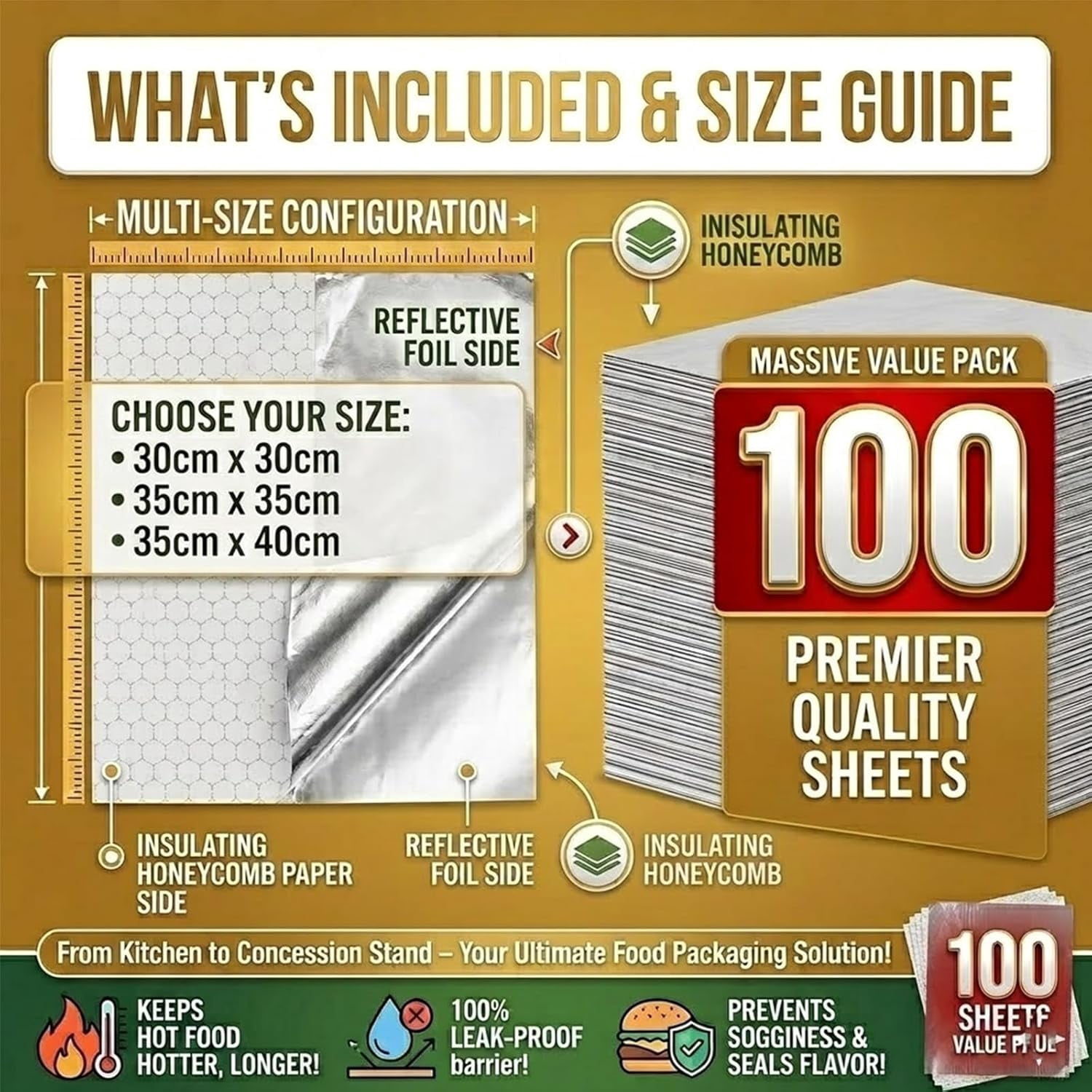 Insulated Foil Paper, 100PCS Insulated Foil Paper, Sandwich Wrapping Papers, Suitable for All Foods in the Kitchen