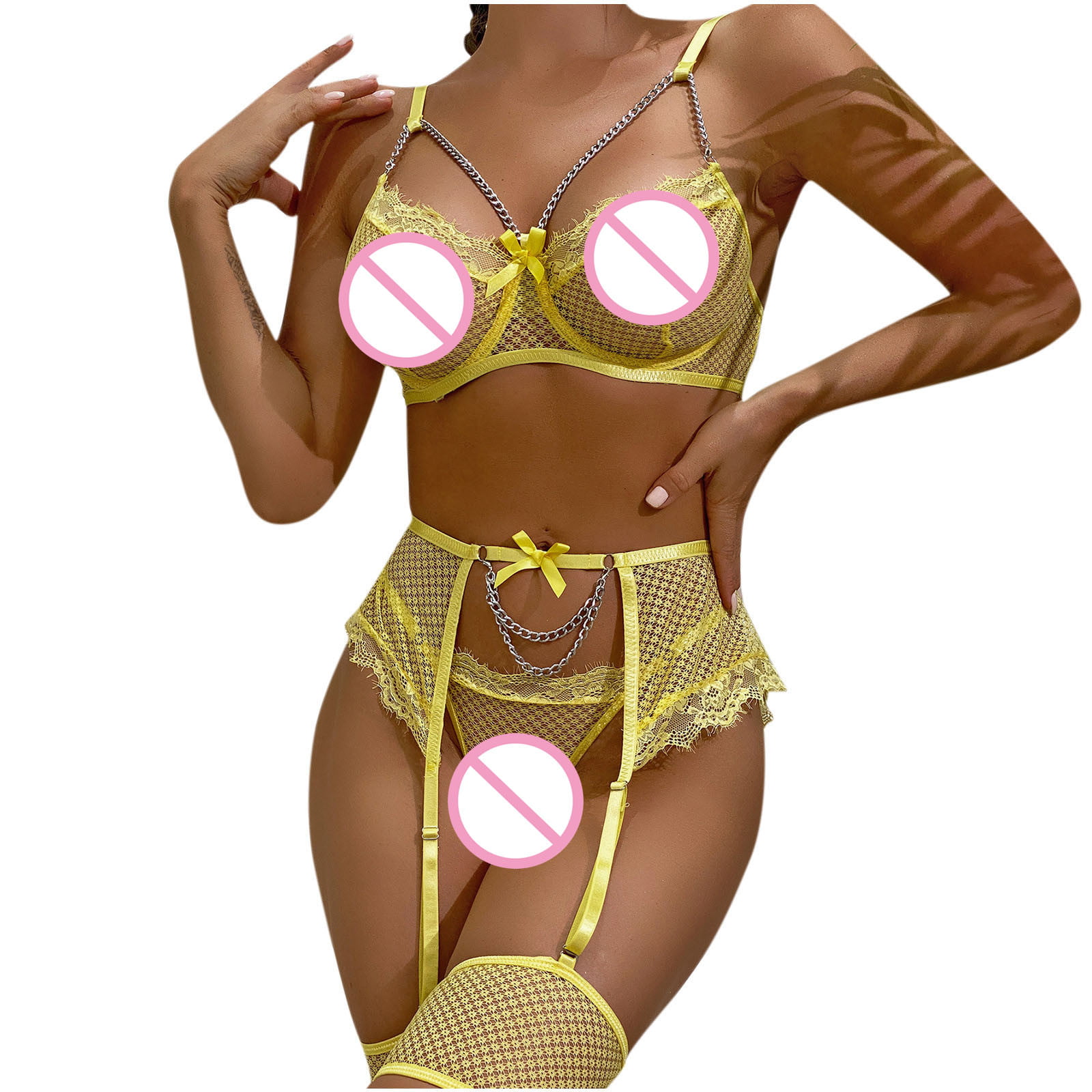 Odeerbi Hollow Out Lingerie for Women 2024 Sheer Lingerie Tight Sexy Bra  With Steel Ring Underwear Set Yellow 