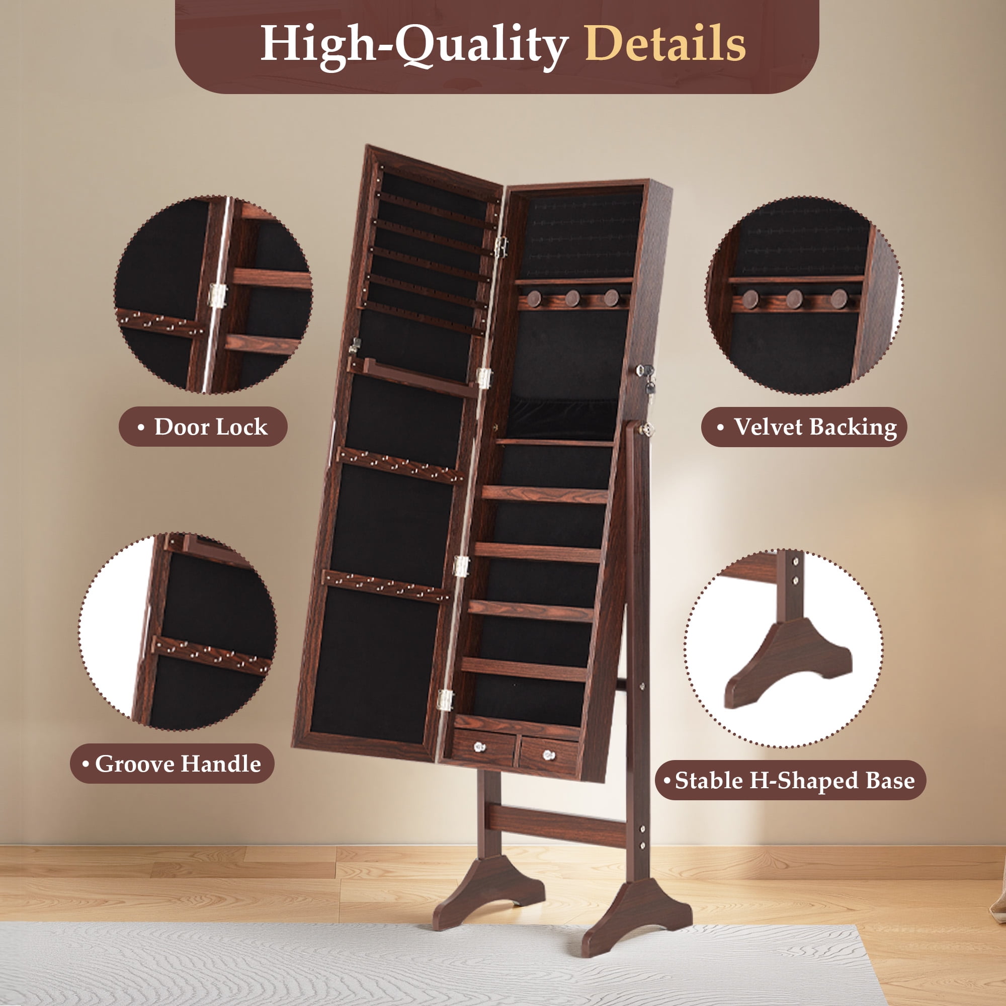 EDX Freestanding Full-Length Mirror Jewelry Cabinet, 3 Angle Adjustable Large Jewelry Armoire Organizer with Makeup Storage, Brown
