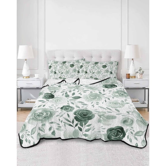 Quilts King Size, Sage Green Flower Soft Comforter Bedding Set for Bed, Vintage Rose Floral Botanical Leaf Lightweight Quilted Bedspread with Pillow Cover(2 Pieces) for All Season, 96x106 Inch