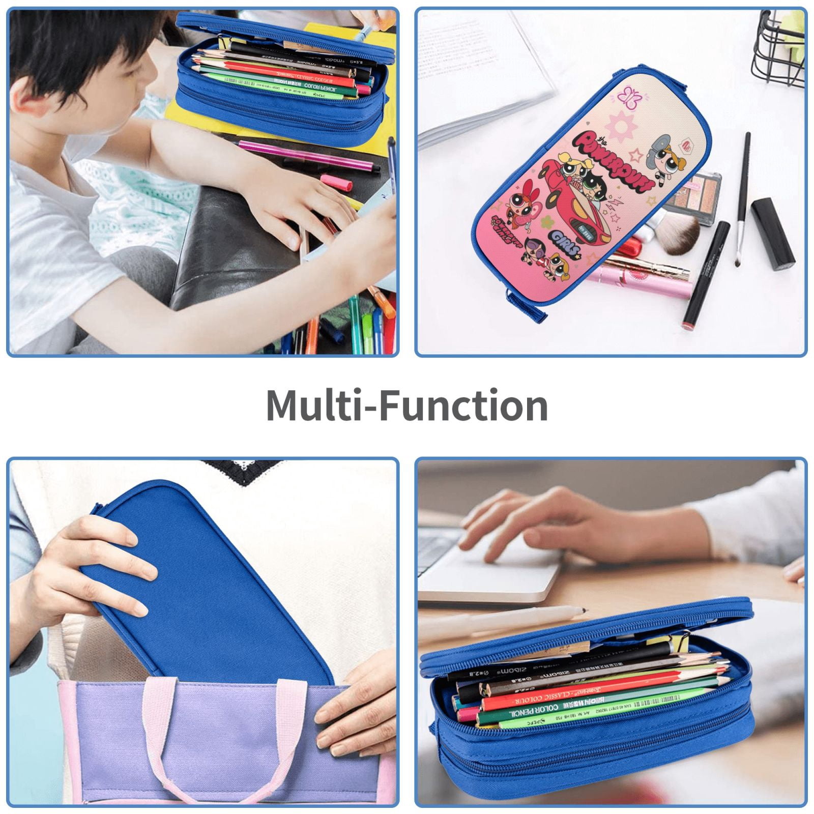 The Powerpuff Gi-rls Pencil Case Large Capacity Pencil Pouch Penbag Office Stationery Organizer Travel Makeup Bag Blue