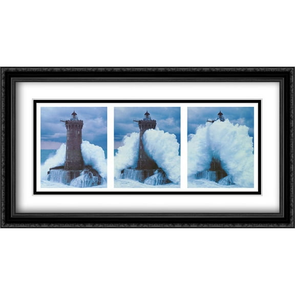 Phare du Four dans la Vague 2x Matted 40x22 Large Black Ornate Framed Art Print by Jean Guichard