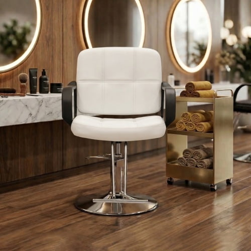 Barber Chair for Hair Stylist, 360° Swivel Salon Styling Chair with Heavy Duty Hydraulic Pump, Adjustable Height, 350 lbs Capacity, White PU Leather