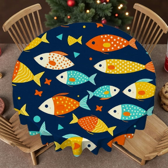 RKSupls 60 Inch Round Tablecloth, Colorful Fish Pattern Polyester Table Cover - Soft, Stain Resistant & Washable Decor for Wedding, Party, Holiday, Home Dining