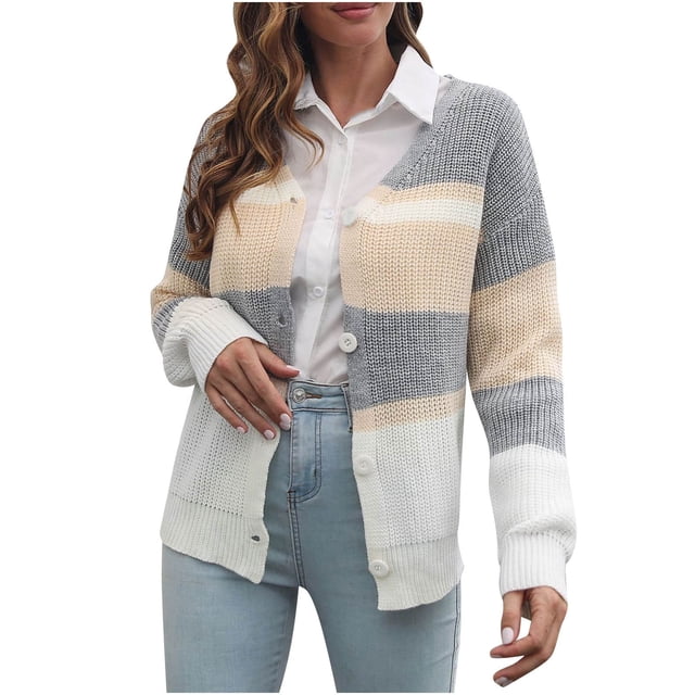 Suéteres cárdigan para mujer Suéteres de otoño Chaqueta de punto suelta a rayas Otoño e invierno Odeerbi ODB-5