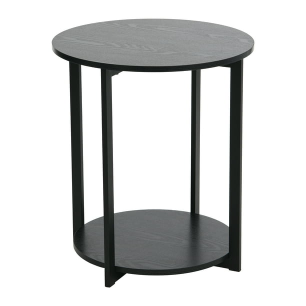 Household Essentials Round End Table, Black Oak End Table with Storage Shelf, Black Metal and