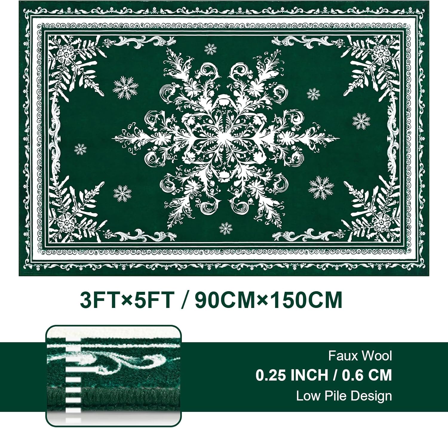 BLEUM CADE Christmas Snowflake 3x5 Area Rugs for Living Room,Non Slip Washable Rugs Low Pile Floor Mat Carpet,Holiday Christmas Decorations,Green
