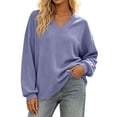 thumbnail image 3 of Otvok Winter Women Waffle Knit Top, V‑Neck Drop‑Shoulder Long Sleeve Loose Casual Pullover Shirt, 3 of 7