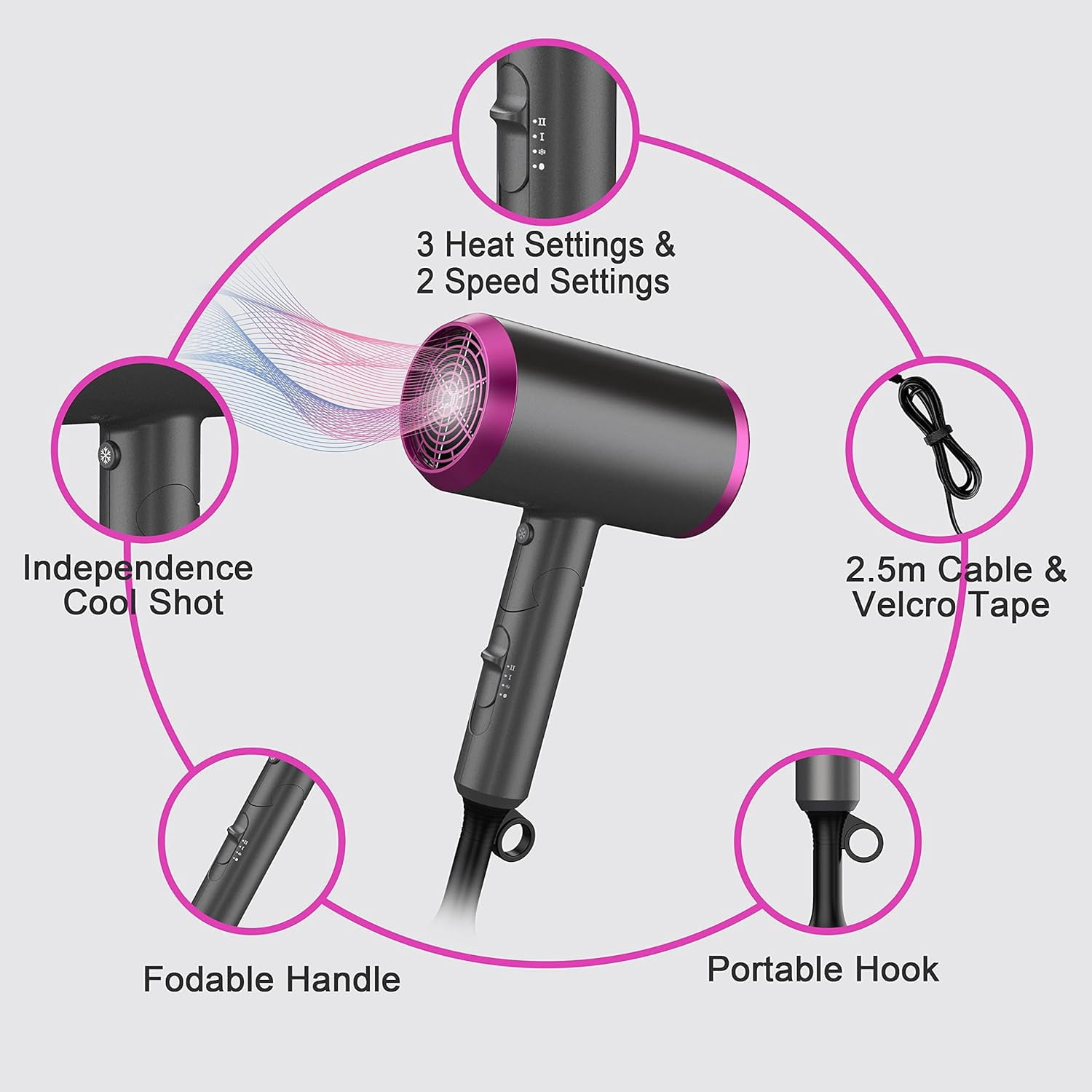 Professional Hairdryer Low Noise Lightweight Blow Dryer for Curly Hair Concentrator with 2 Speed, Travel Hair Dryer with Diffuser, Heat and Cool Setting for Women Men Home Salon Gift