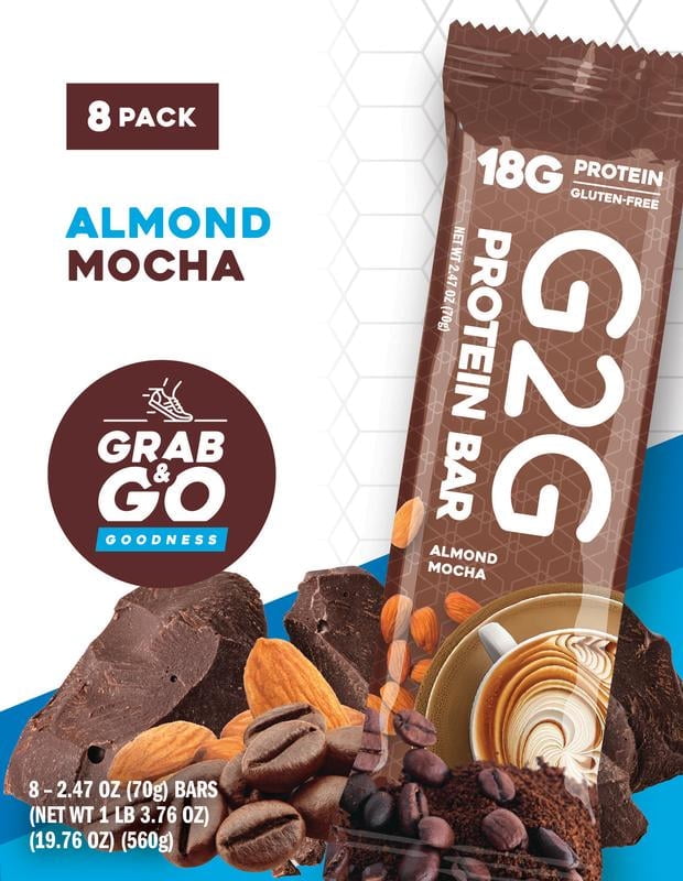 G2G Protein Bar, Almond Mocha, Gluten-Free, Clean Ingredients, Refrigerated for Freshness, (Pack of 8)