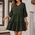 thumbnail image 3 of Vestido con volantes Cuello en V Color puro Costuras de moda Elegante Ajuste casual Vestido corto con volantes para citas Verde oscuro L, 3 of 8