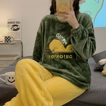 

Autumn Winter New Warm Flannel Women s Pajamas Set Long-sleeved Trousers Two-piece Set Cute Soft Home Wear Clothes for Women