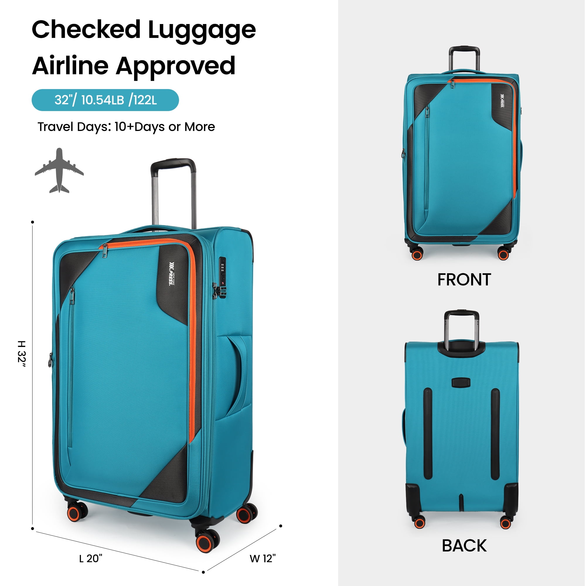 New York Xpress 32" Softside Large Checked Luggage, Expandable Suitcase with Spinner Wheels, TSA-Approved, Sky Blue , WD8818