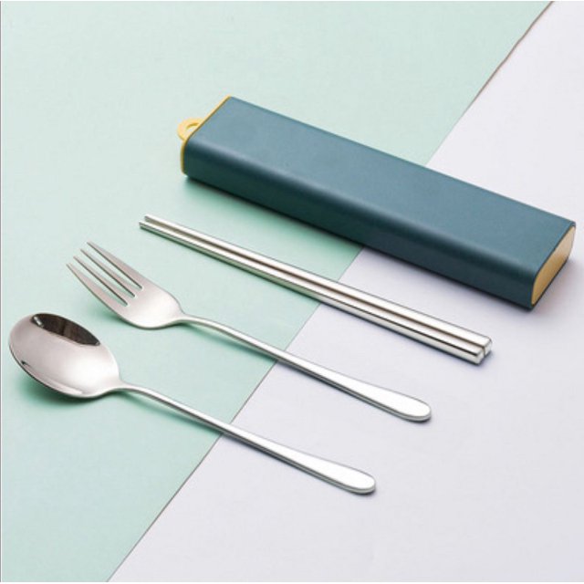 Juego de Cubiertos, Juego de Cubiertos de Acero Inoxidable con, Uso para el hogar, Cocina, Restaurante Juego de Palillos de Cuchara y Tenedor de 3 Piezas (Palillos de Cuchara y Tenedor Azul Oscuro + Juego de Regalo de 3 Piezas JM