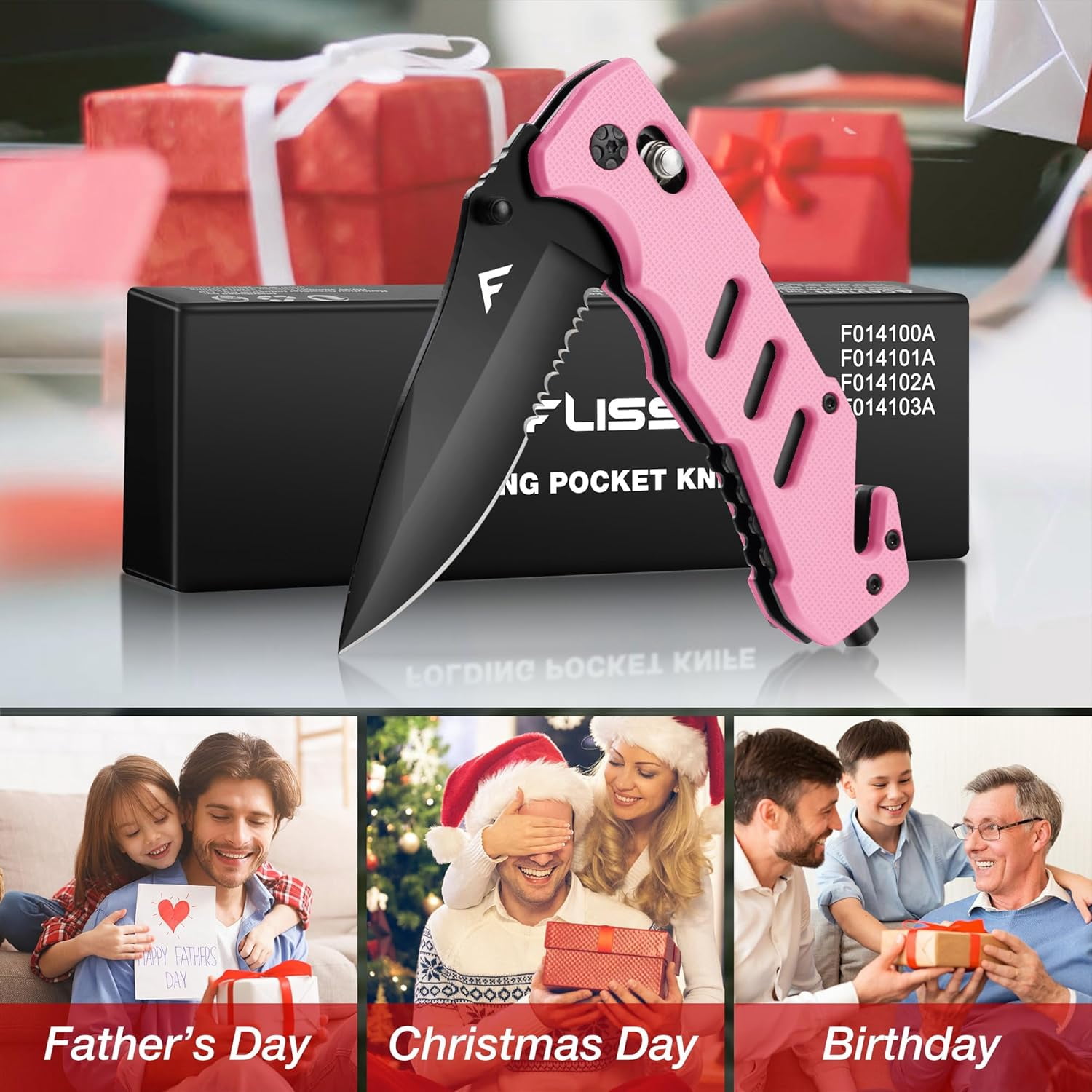 Folding Pocket Knife with Clip, Glass Breaker and Seatbelt Cutter, Survival for Emergency Rescue Situations, EDC Tactical, Hunting, Camping, Outdoor, Unique Gifts Dad, Father-Pink