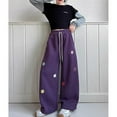 thumbnail image 5 of YunPes Girls' Cute Flowers Embroidered Trousers Oversized Wide Leg Pants Casual Drawstring Elastic Sweatpants for School Streetwear, 5 of 8