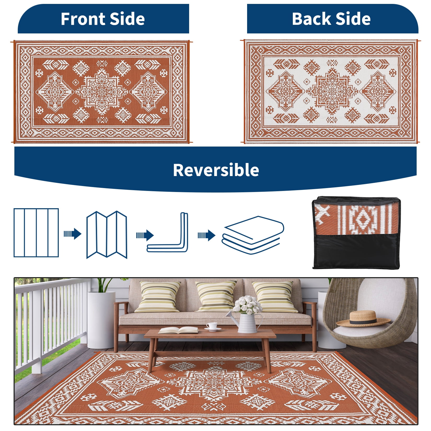 Nanan 9'x18' Indoor Outdoor Rug Boho Waterproof Plastic Straw Patio Rug, Reversible RV Camping Carpet for Backyard, RV, Deck, Porch, Balcony, Orange