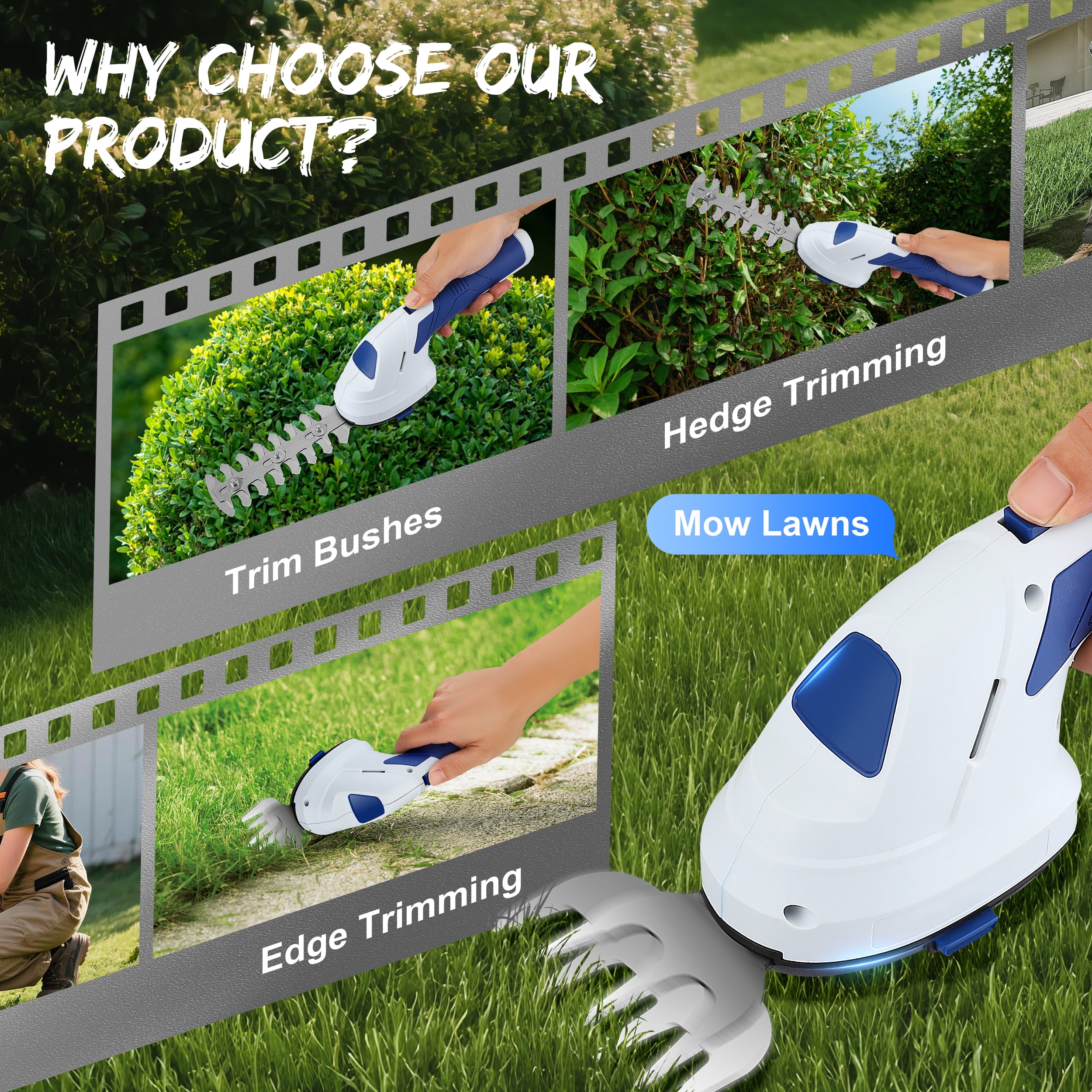 RELOIVE Hedge Trimmer Cordless,2-in-1 Cordless Grass Shears,7.2V Electric Shrub Trimmer with 2.0 Ah Battery,Blue