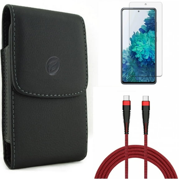 10ft PD Cable & Screen Protector & Case Belt Clip for Samsung Galaxy S20 Fan Edition - Type-C to USB-C Charger Cord   Anti-Glare Tempered Glass   Leather Holster Combo