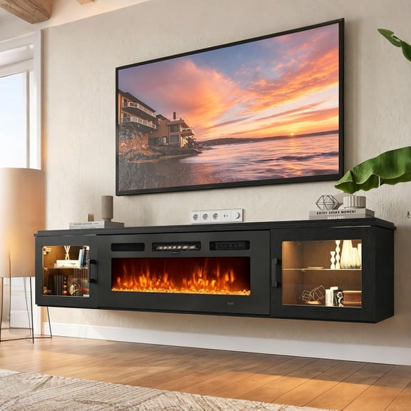 80" Floating TV Stand with 36" Electric Fireplace, Wall Mounted Fireplace Entertainment Center with Storage for TVs Up to 80",Fireplace TV Stand for Living Room,Black&Black
