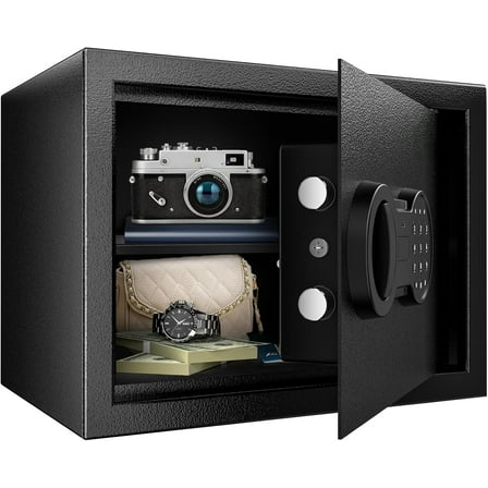 Safe, 0.6 cubic inch safe with electronic keypad, removable shelves, 9.84" x 13.78" x 9.84"