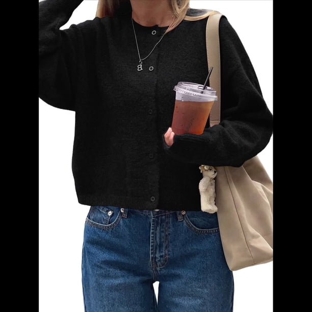 Cárdigan Corto de Punto para Mujer, Camiseta de Corta con Botones y Cuello Acanalado, Prenda Exterior Y2K. Negro XL