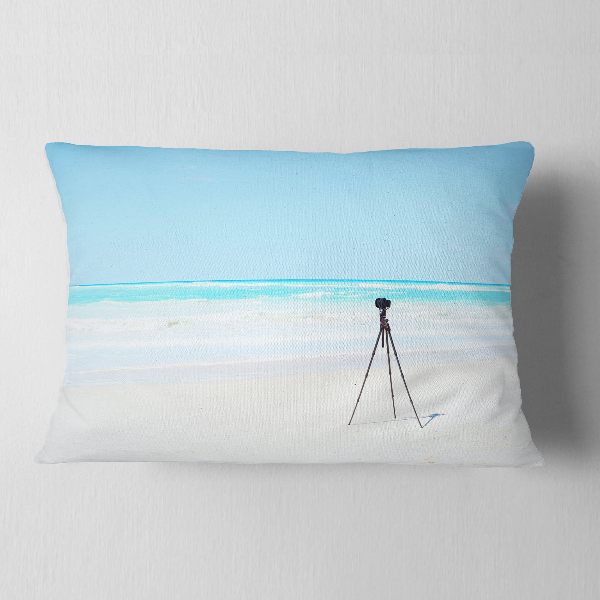 Designart Digital Camera and Tripod on Beach - Landscape Wall Throw Pillow - 12x20