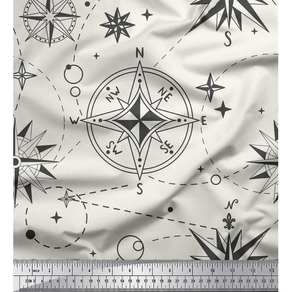 Soimoi White polyester Crepe Fabric Direction Compass Nautical Print Fabric by Yard 42 Inch Wide