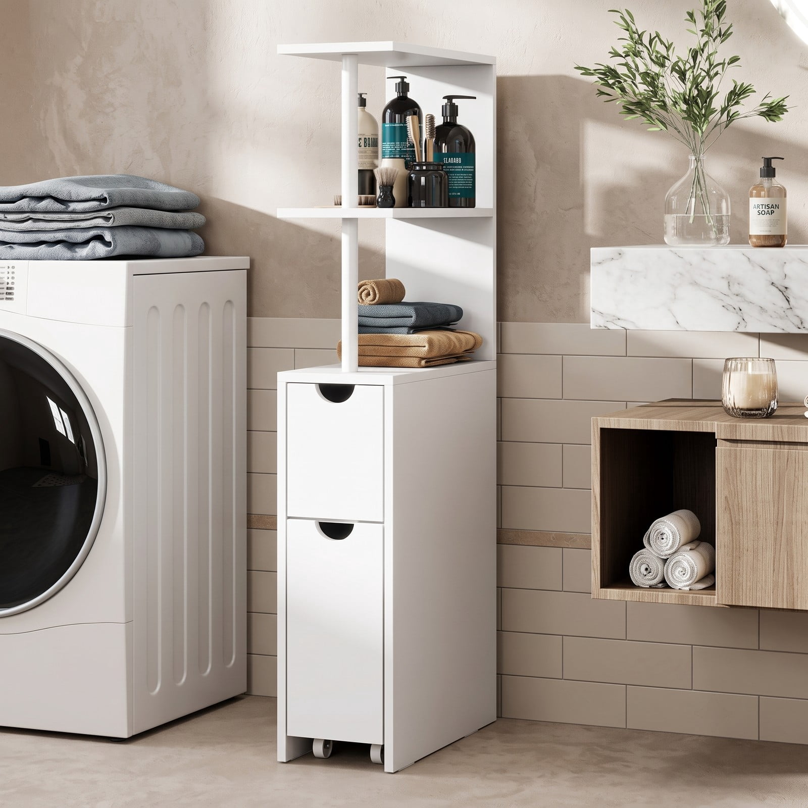 Fenbeli Slim Freestanding Bathroom Storage Cabinet, Narrow Floor Organizer with 3 Open Shelves, Pull-Out Drawer and Rolling Casters for Bathroom Living Room, White